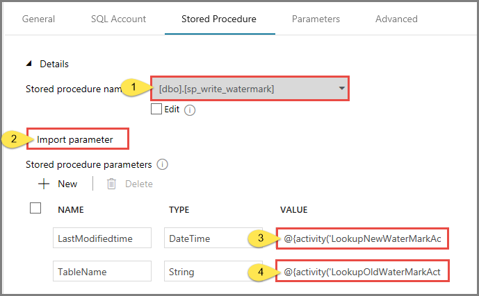 Attività stored procedure: impostazioni della stored procedure