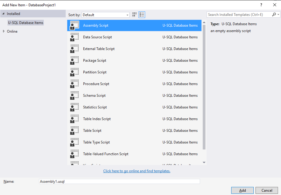 Strumenti Data Lake per Visual Studio - Aggiungere lo script dell'assembly