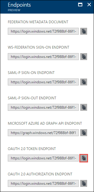 Screenshot del pannello Endpoint con l'icona di copia OAUTH 2 POINT O TOKEN ENDPOINT evidenziata.