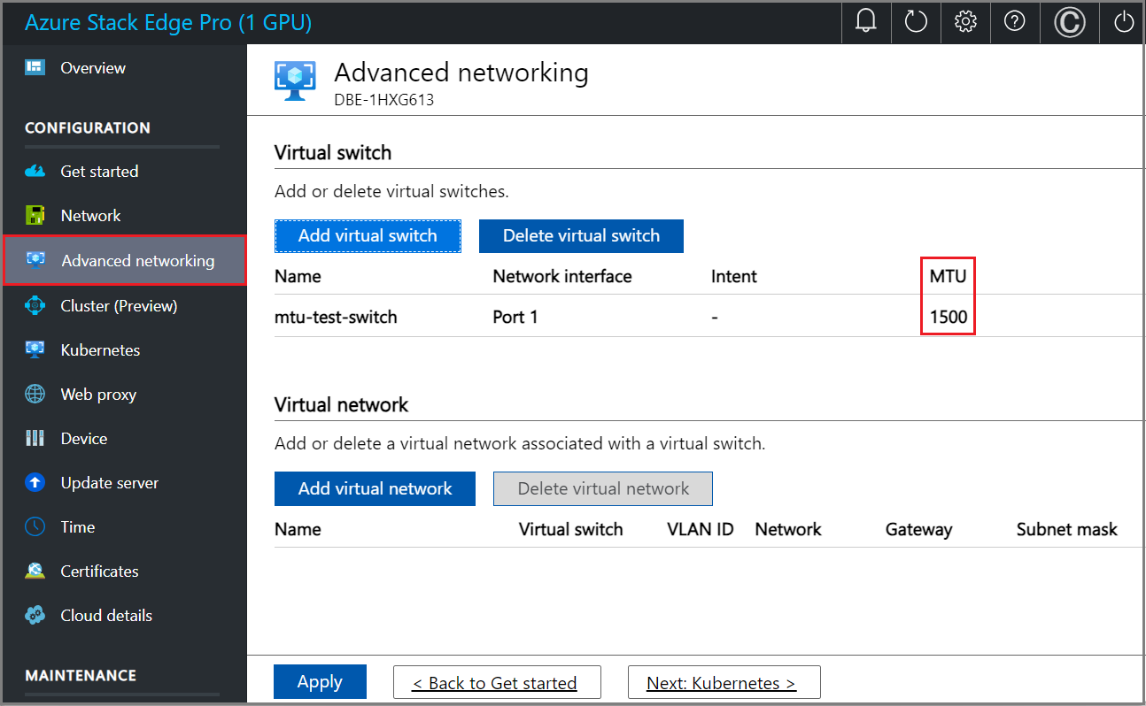 Screenshot dell'impostazione MTU in Rete avanzata nell'interfaccia utente locale