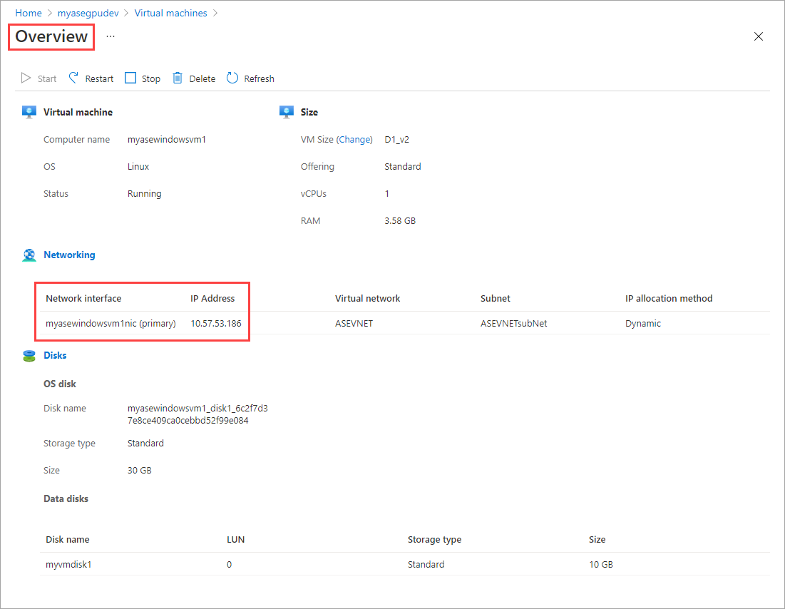 Screenshot that shows the Details tab on the Overview pane for a virtual machine in Azure Stack Edge. The Overview label and the IP Address in Networking are highlighted.