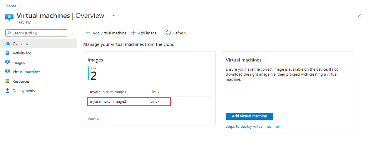 Screenshot that shows the Overview pane for Virtual Machines on an Azure Stack Edge device. A newly added VM image is highlighted.