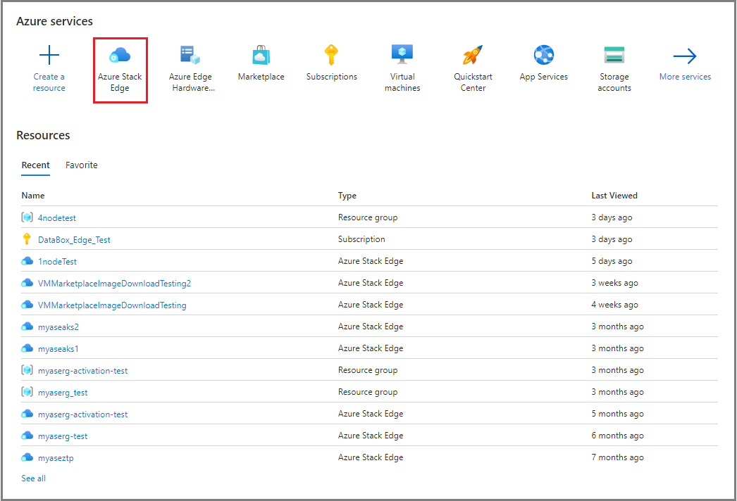 Screenshot della pagina dei servizi di Azure in portale di Azure. L'opzione Azure Stack Edge è evidenziata.