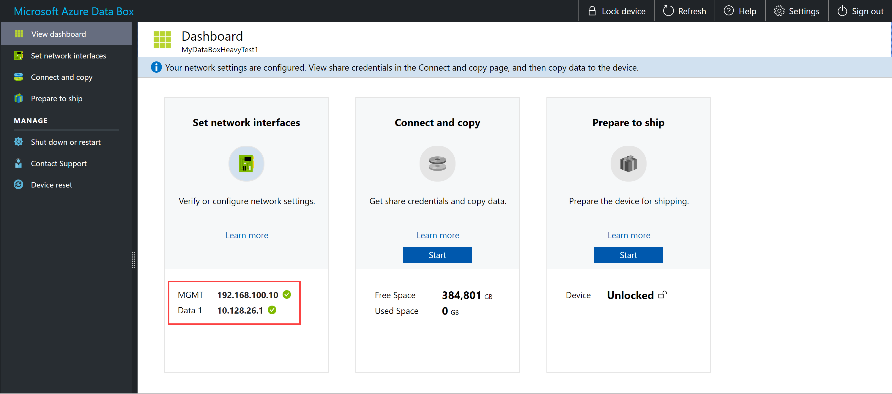 Screenshot del dashboard di Data Box Heavy durante la configurazione del nodo 2.