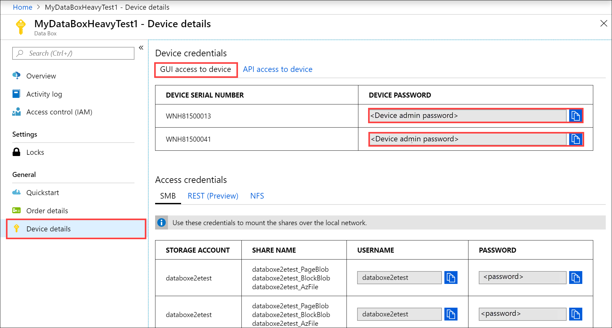 Screenshot delle credenziali del dispositivo Data Box Heavy.