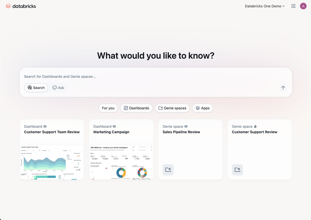 Pagina di destinazione per Databricks One