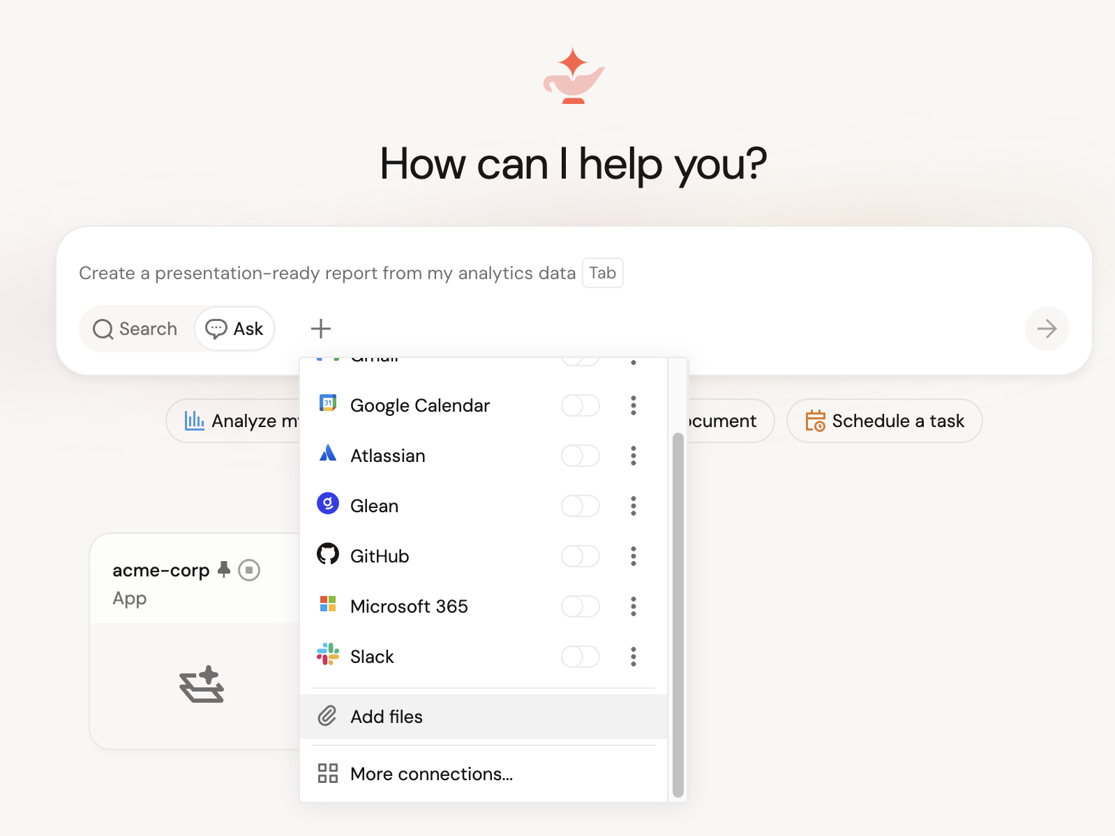 Compositore Genie One con il menu di aggiunta aperto, che mostra l'opzione Aggiungi file