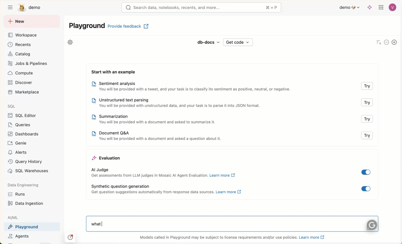 Punto di accesso Knowledge Assistant in Playground.