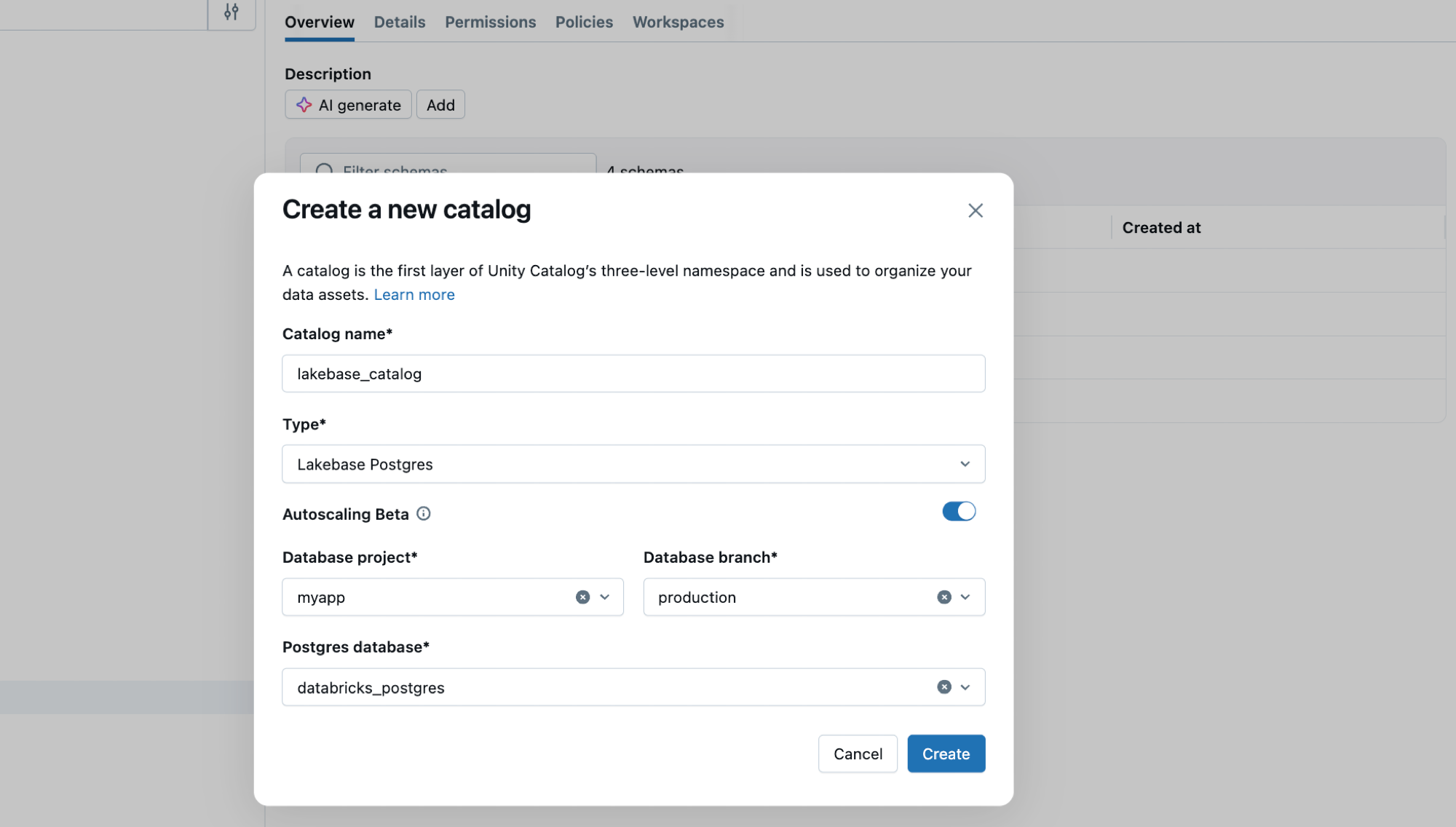 Registrare il database LKB nel catalogo Unity