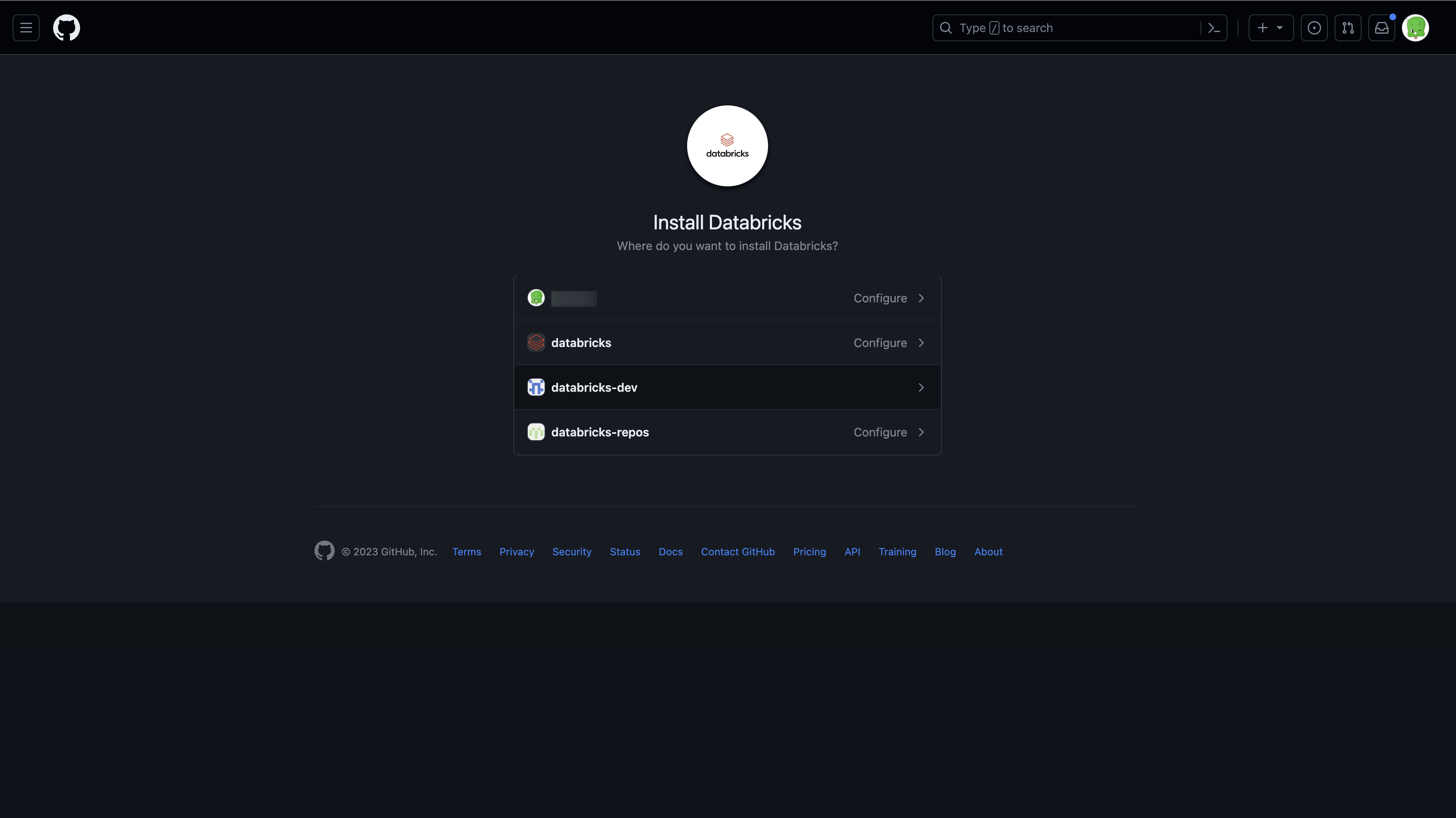 Pagina di installazione dell'app GitHub di Databricks
