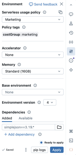 Pannello dell'ambiente serverless