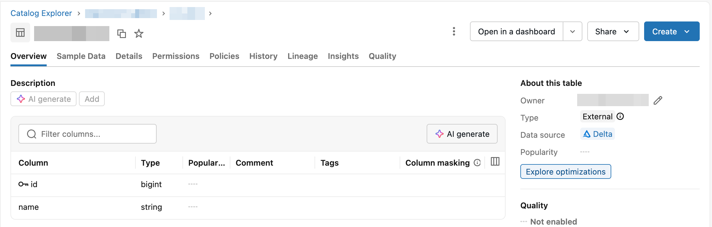 Il pannello Informazioni su questa tabella nella pagina Panoramica di una tabella in Catalog Explorer, che mostra il pulsante Esplora ottimizzazioni sotto le proprietà della tabella