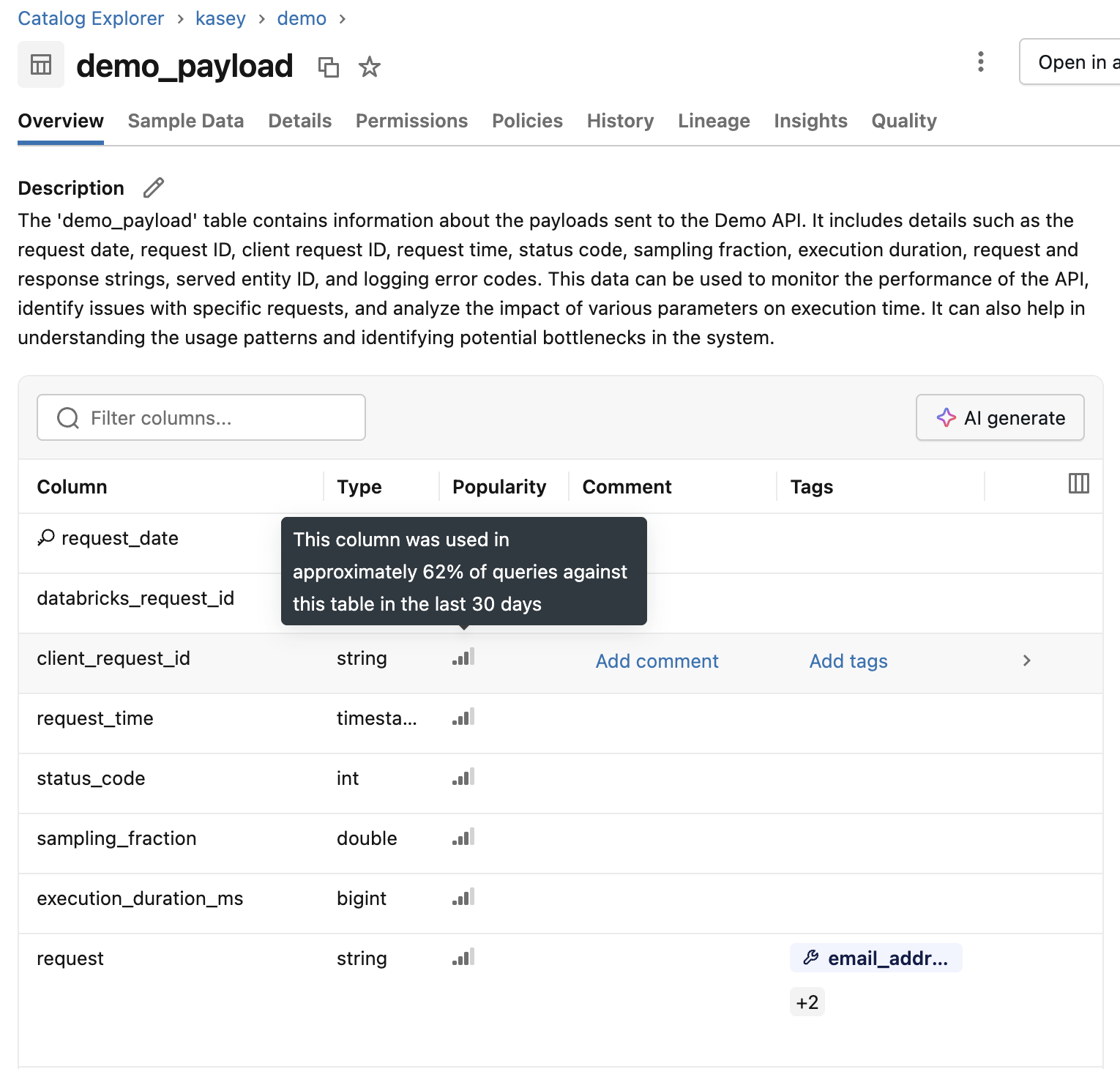 Colonne in una tabella con icone di popolarità, con un tooltip che mostra la percentuale di query in cui è stata usata una colonna negli ultimi 30 giorni.