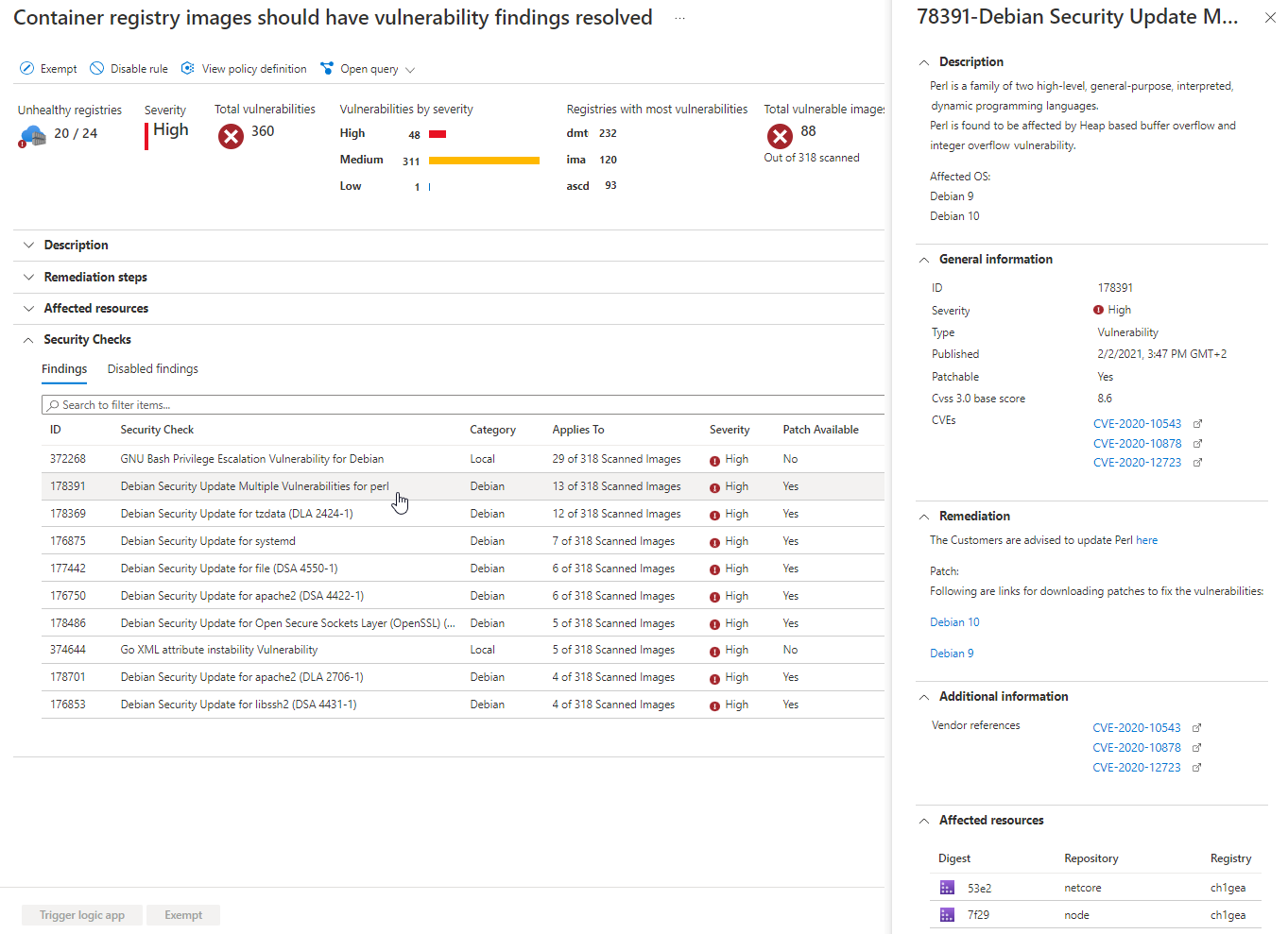Esempio di raccomandazione di Microsoft Defender for Cloud sulle vulnerabilità individuate in un'immagine ospitata Registro Azure Container (ACR).