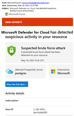 Defender per il cloud notifica tramite posta elettronica relativa a un sospetto attacco di forza bruta.
