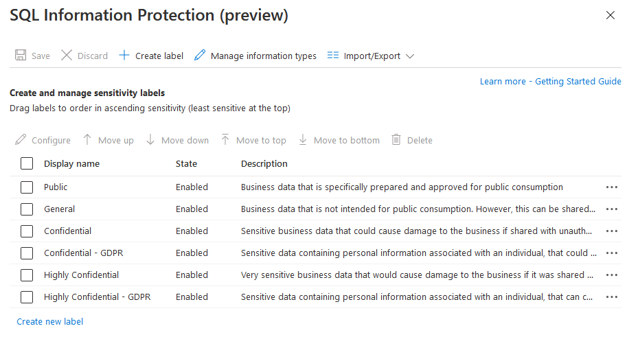 Pagina che mostra i criteri di protezione delle informazioni SQL.