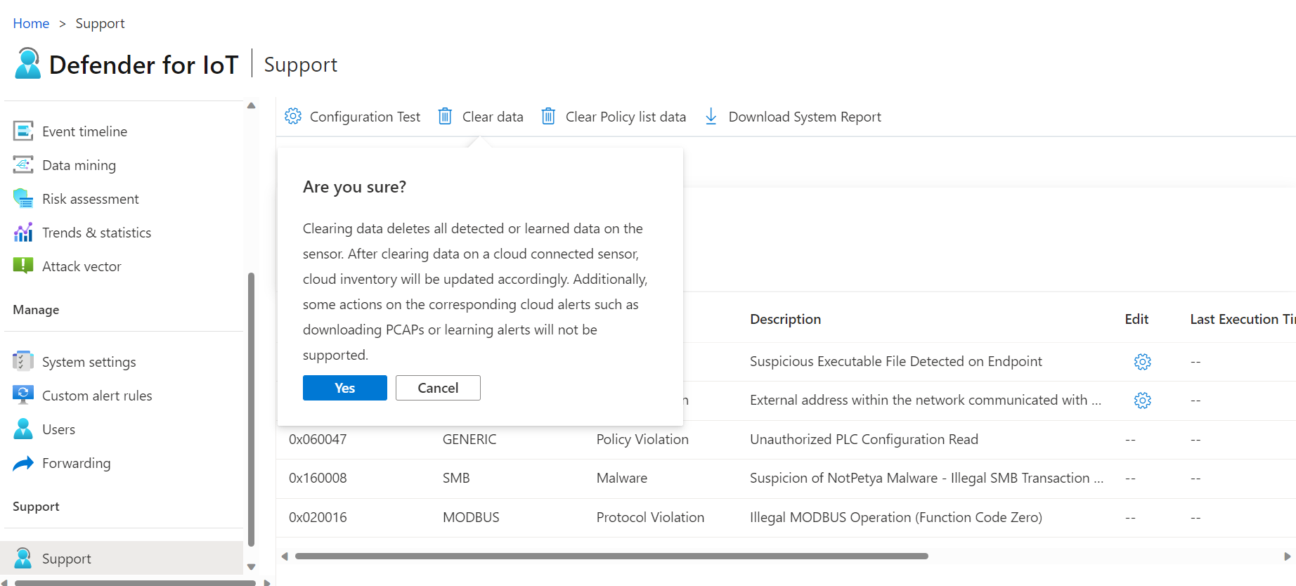 Screenshot della cancellazione dei dati di sistema nella pagina del supporto nella console del sensore.