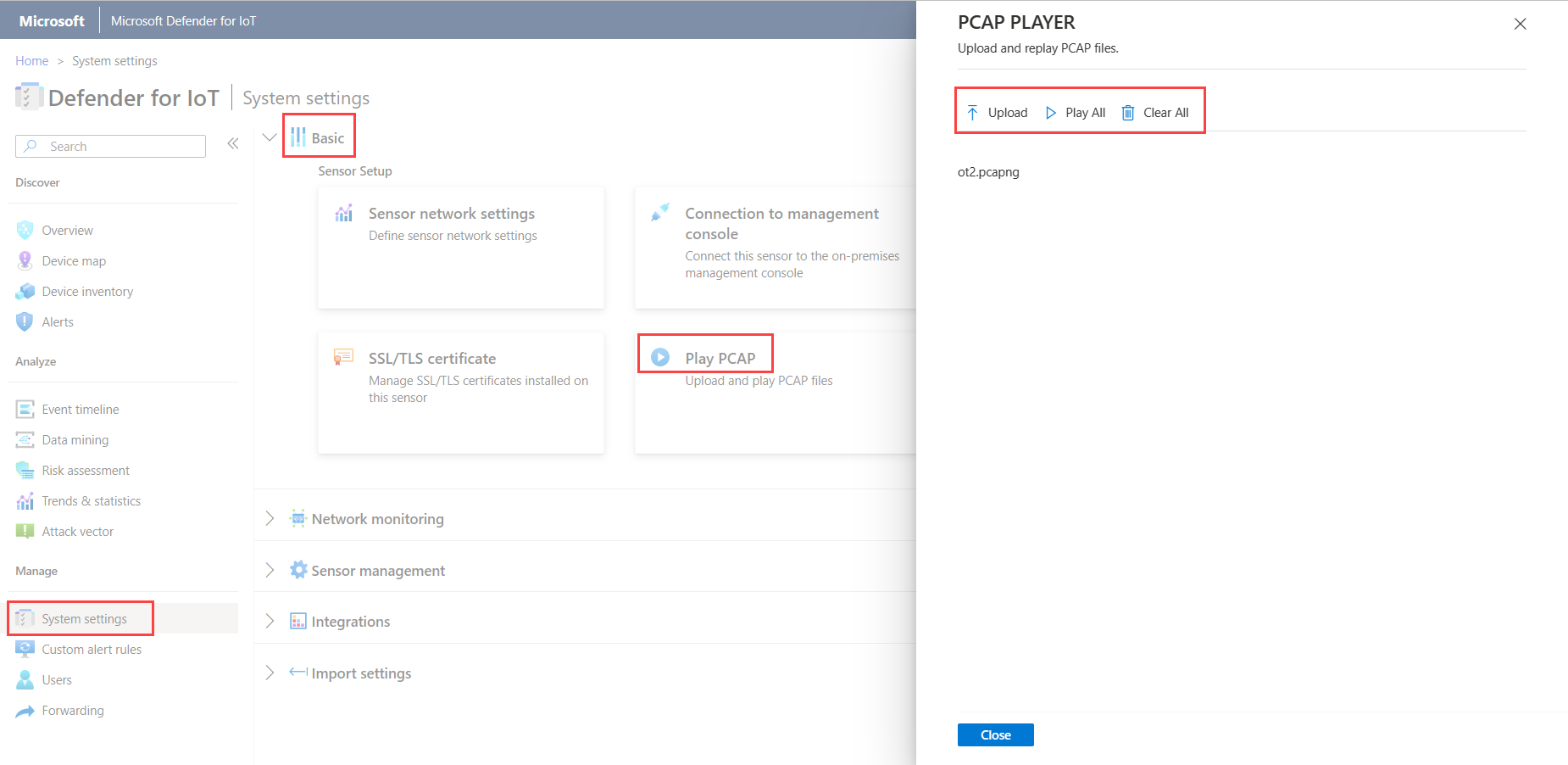 Screenshot del caricamento di file PCAP nel riquadro PCAP PLAYER nella console del sensore.