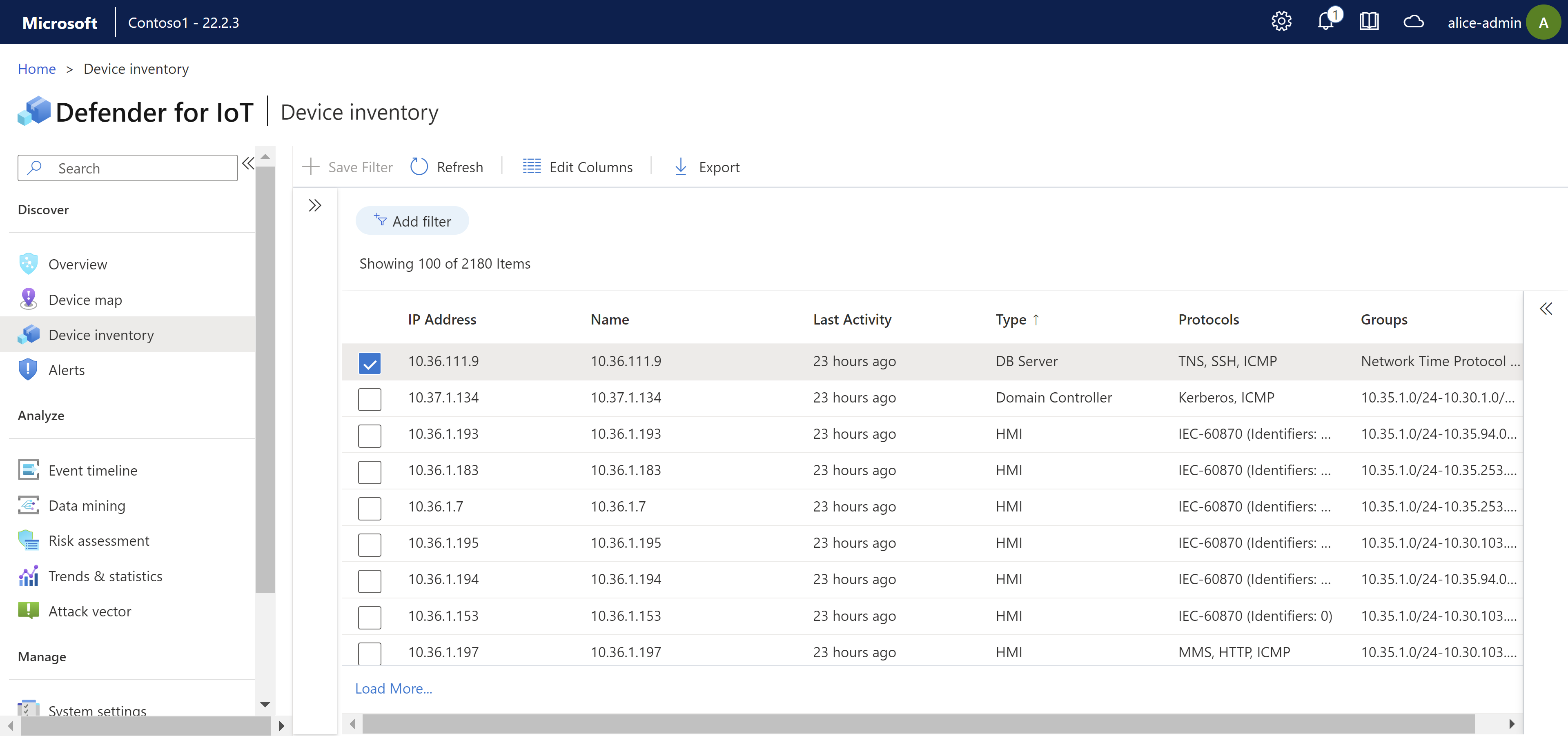Screenshot della pagina Inventario dispositivi della console del sensore.