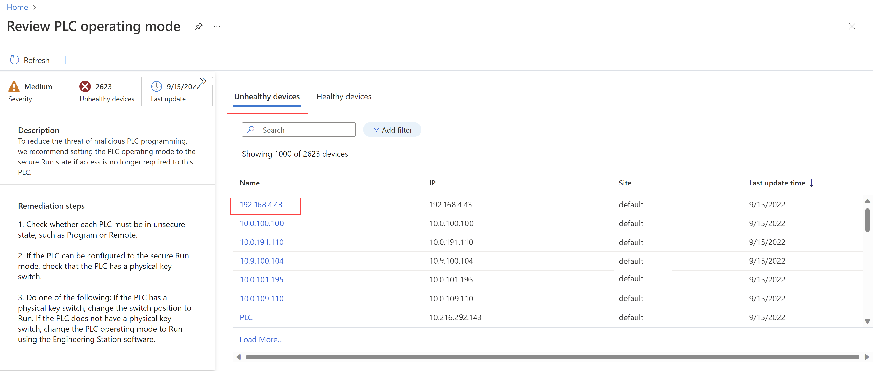 Screenshot della pagina di raccomandazione review PLC operating mode (Revisione della modalità operativa PLC).