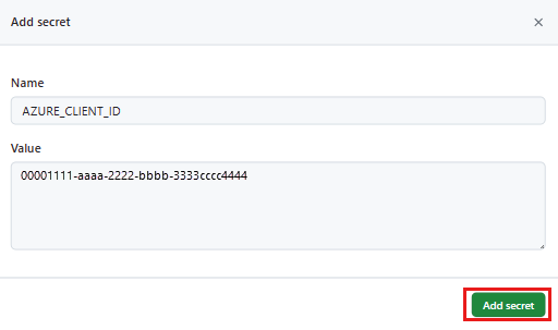 Screenshot of the Add secret box with the name AZURE CLIENT ID, the value set to an ID number, and add secret highlighted.