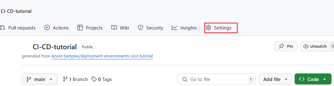 Screenshot showing the GitHub repository page with settings highlighted.