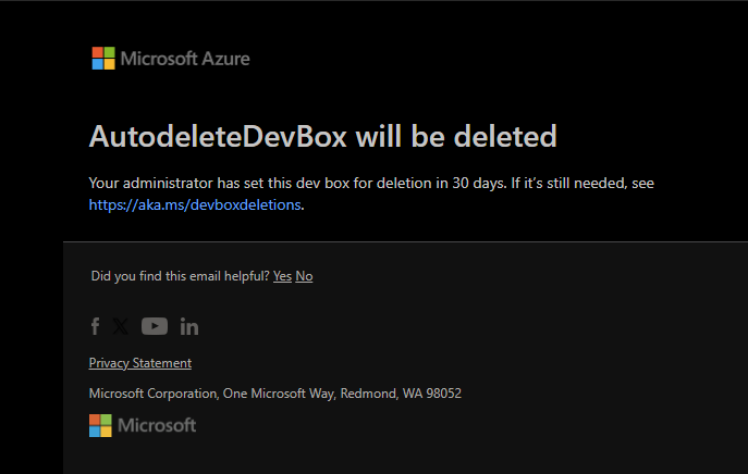 Screenshot che mostra una notifica tramite posta elettronica che informa l'utente che verrà eliminata la casella di sviluppo. Il messaggio indica quando verrà eliminata la finestra di sviluppo.