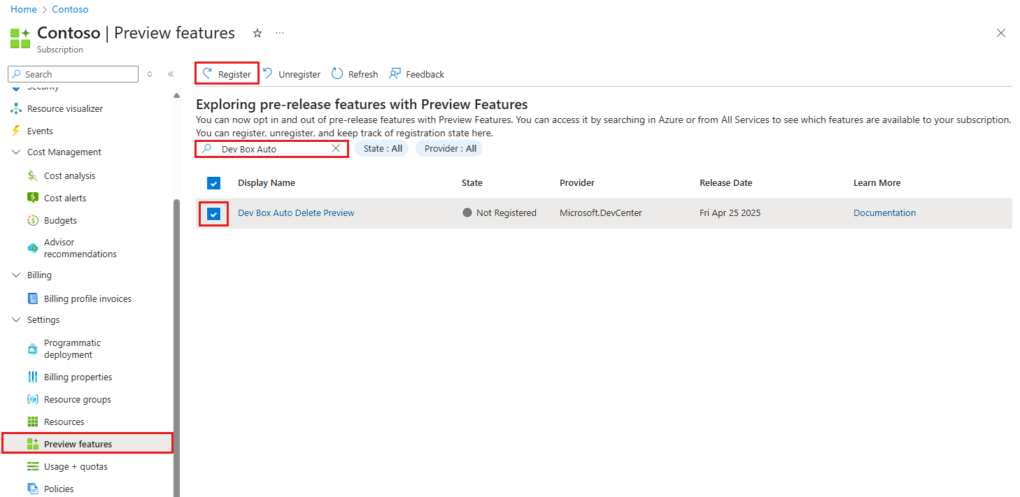 Screenshot del portale di Azure che mostra il riquadro Funzionalità di anteprima con Dev Box Auto Delete Preview selezionato.