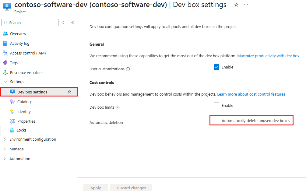 Screenshot del portale di Azure che mostra l'opzione per abilitare l'eliminazione automatica delle caselle di sviluppo inutilizzate nelle impostazioni del progetto.