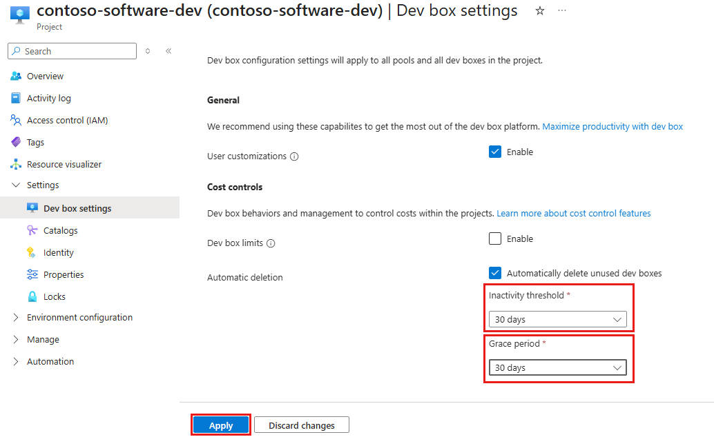 Screenshot della pagina delle impostazioni della Dev Box nel portale di Azure, che mostra la sezione dei controlli sui costi con le opzioni di eliminazione automatica.