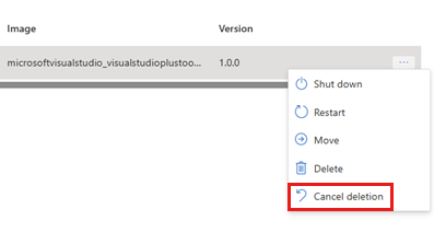Screenshot del portale di Azure che mostra i dettagli del pool e l'opzione Annulla eliminazione per Dev Box.