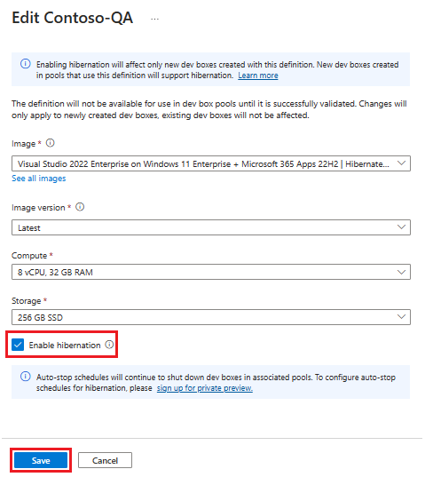 Screenshot della pagina per la modifica della definizione di una casella di sviluppo con l'opzione Abilita ibernazione selezionata.