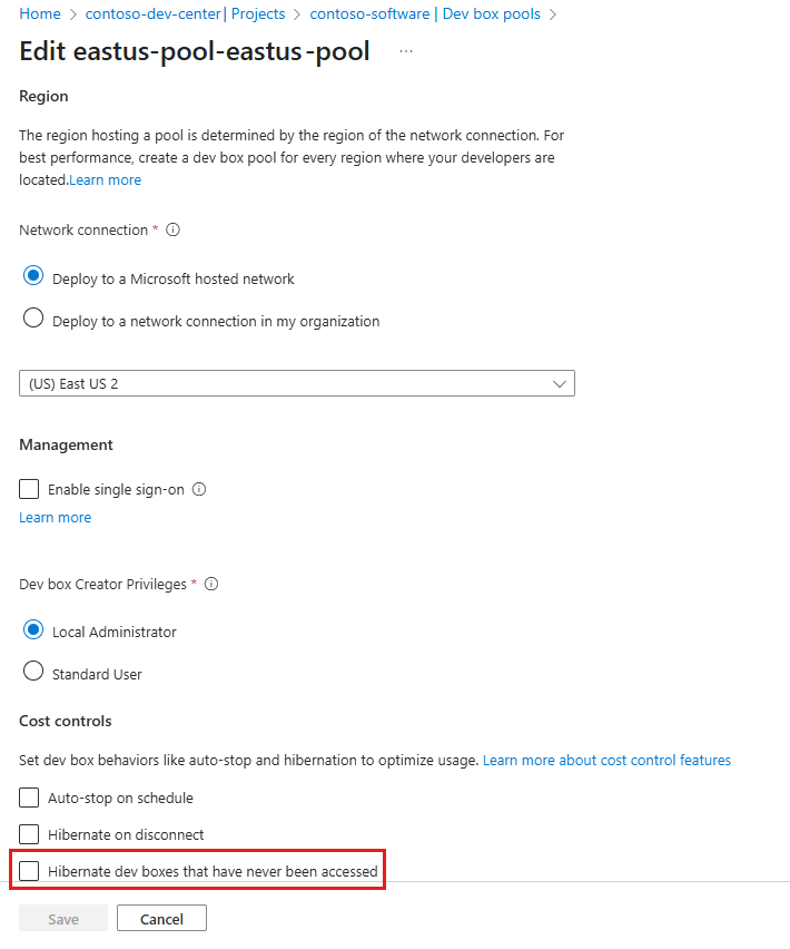 Screenshot della pagina delle impostazioni del pool di Dev Box che mostra l'opzione per abilitare l'ibernazione per le caselle di sviluppo che non sono state connesse.