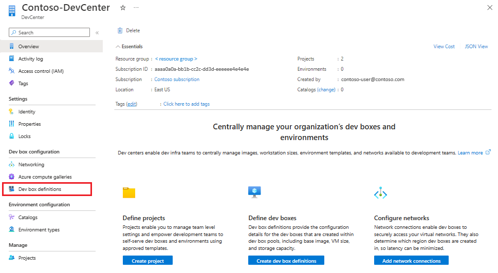 Screenshot che mostra la pagina di panoramica di Dev Center e l'opzione di menu per le definizioni delle caselle di sviluppo.
