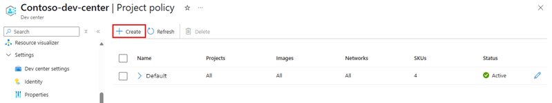 Screenshot che mostra il pulsante Crea per un criterio di progetto personalizzato nel portale di Azure.