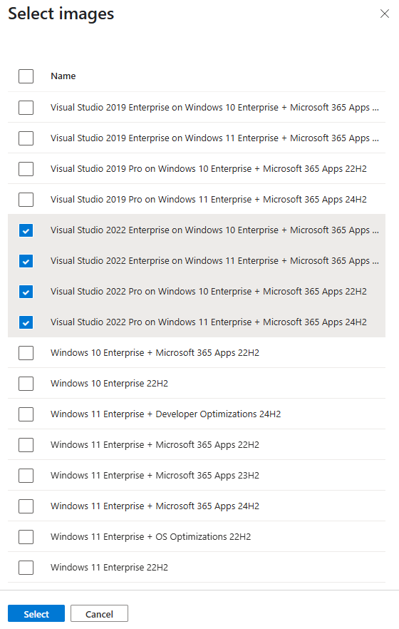Screenshot che mostra il riquadro Seleziona immagini per un criterio di progetto personalizzato nel portale di Azure.