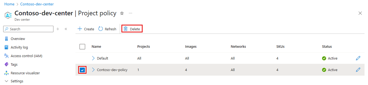 Screenshot che mostra il pulsante Elimina per un criterio di progetto nel portale di Azure.