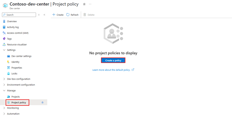 Screenshot della pagina Criteri di progetto nel portale di Azure, che mostra le opzioni per creare un nuovo criterio di progetto.