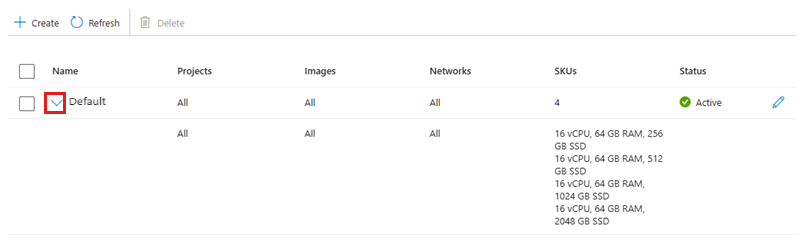Screenshot che mostra il riepilogo di un criterio di progetto predefinito nel portale di Azure.