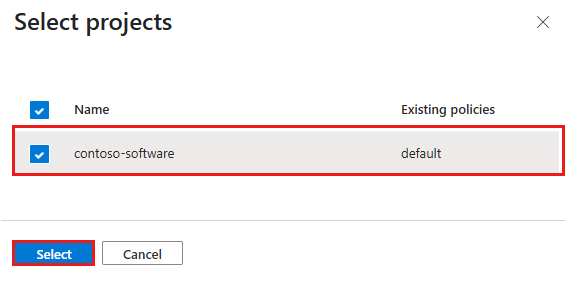 Screenshot che mostra i progetti di destinazione selezionati per un criterio di progetto personalizzato nel portale di Azure.