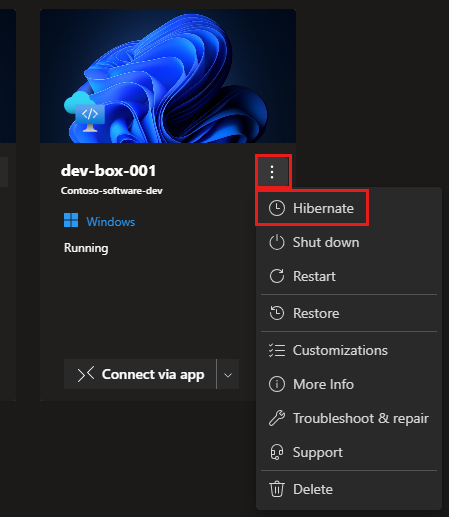 Screenshot del portale per sviluppatori, che mostra una casella di sviluppo con il menu Azioni aperto e l'opzione di ibernazione evidenziata.