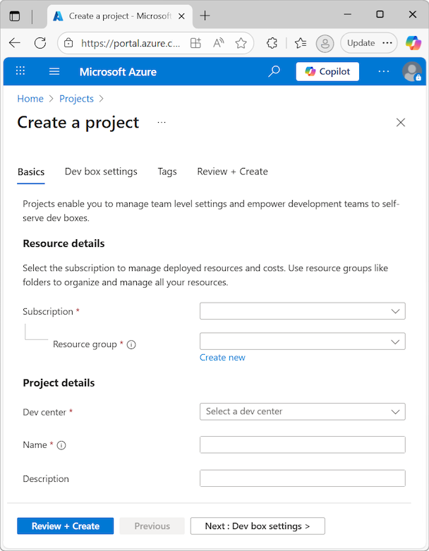 Screenshot del riquadro Crea un progetto con la scheda Informazioni di base aperta.