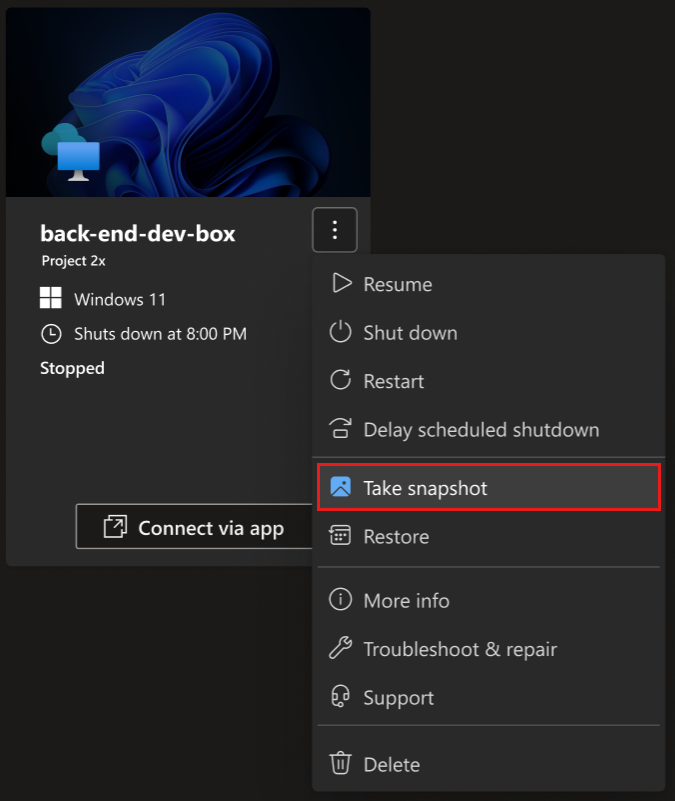 Screenshot del portale per sviluppatori, che mostra il menu azioni per una casella di sviluppo con l'opzione Crea snapshot evidenziata.