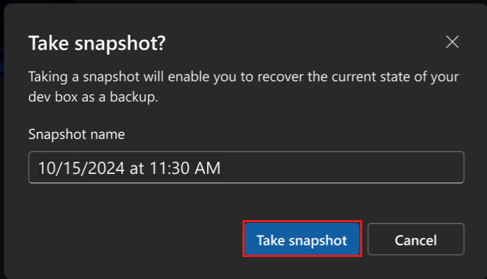 Screenshot del portale per sviluppatori, che mostra la finestra di dialogo Crea snapshot con Sì, si vuole creare uno snapshot di questa casella di sviluppo evidenziata.
