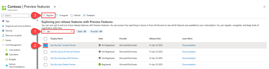 Screenshot della pagina delle funzionalità di anteprima del portale di Azure con la voce 