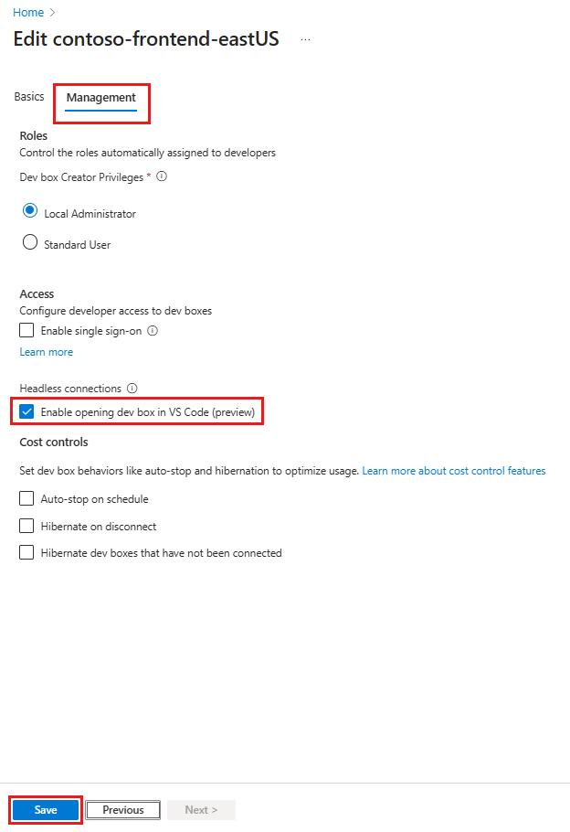 Screenshot della scheda Gestione pool di caselle di sviluppo nel portale di Azure con l'opzione 'Abilita apertura sviluppo in VS Code' evidenziata.