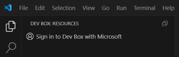 Screenshot dell'opzione di accesso dell'estensione Dev Box in Visual Studio Code, che mostra l'icona di Dev Box e il comando Accedi.
