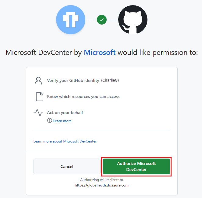 Screenshot della pagina che richiede le autorizzazioni di Microsoft DevCenter, con il pulsante per autorizzare le autorizzazioni evidenziate.