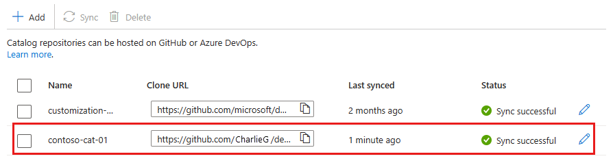 Screenshot del riquadro Cataloghi di portale di Azure con stato connesso.