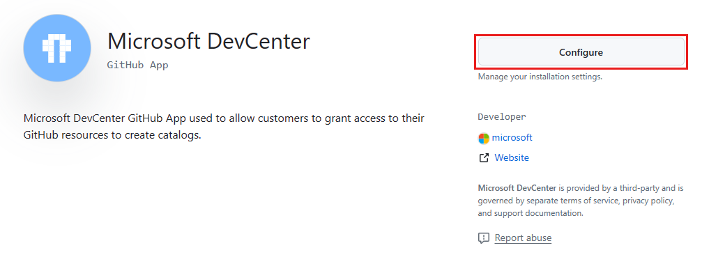 Screenshot della pagina dell'app Microsoft Dev Center con il pulsante Configura evidenziato.